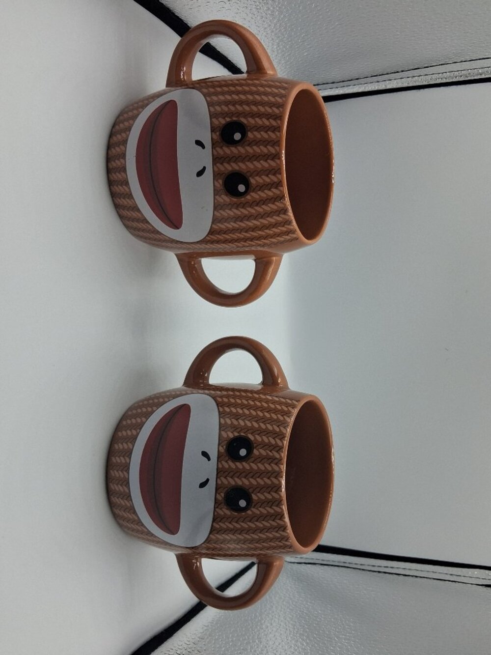Set of 2 Galerie Sock Monkey Ceramic Coffee Cup Mugs Brown Double Handles EUC